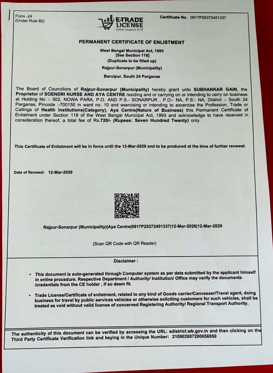 Permanent Certificate of Enlistment for Soendri Nurse and Aya Centre issued by Rajpur-Sonarpur Municipality, valid to March 2029