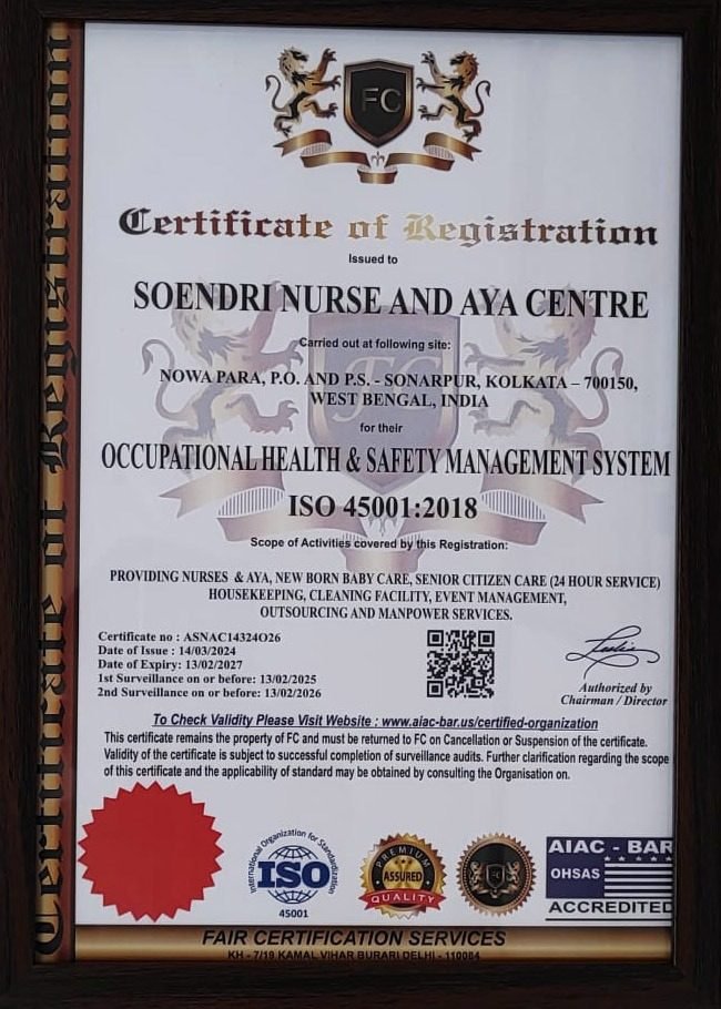 ISO 45001:2018 occupational health and safety management system certificate issued to Soendri Nurse and Aya Centre
